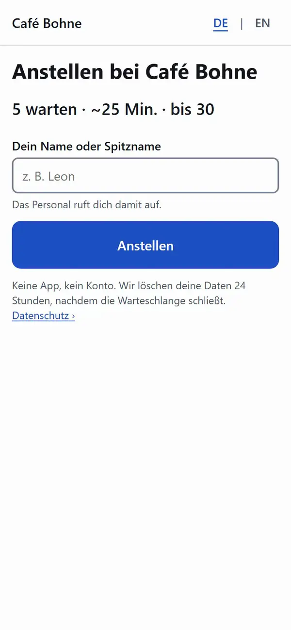 Video: Am Eingang den Spitznamen Mia eingeben und auf Anstellen tippen. Danach erscheint der eigene Platz.