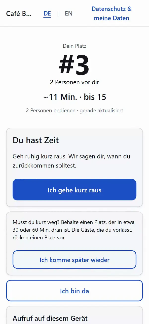 Video: Ich komme später wieder. In 30 Minuten wählen, den neuen Platz etwa 6 mit Uhrzeit sehen und bestätigen.