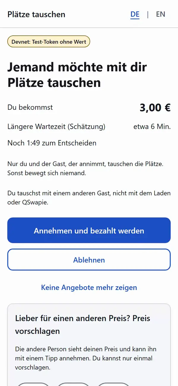Video: Ein Gast bietet 3,00 € für deinen Platz. Du wählst 4,00 € und schlägst den Preis vor. Danach wartest du auf die Antwort.