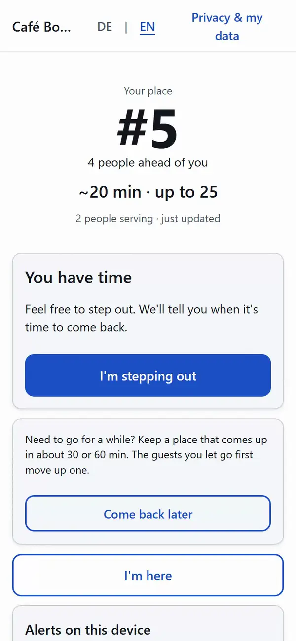 Video: your place in the queue moves up live from 5 to 4 to 3, with the estimated wait.