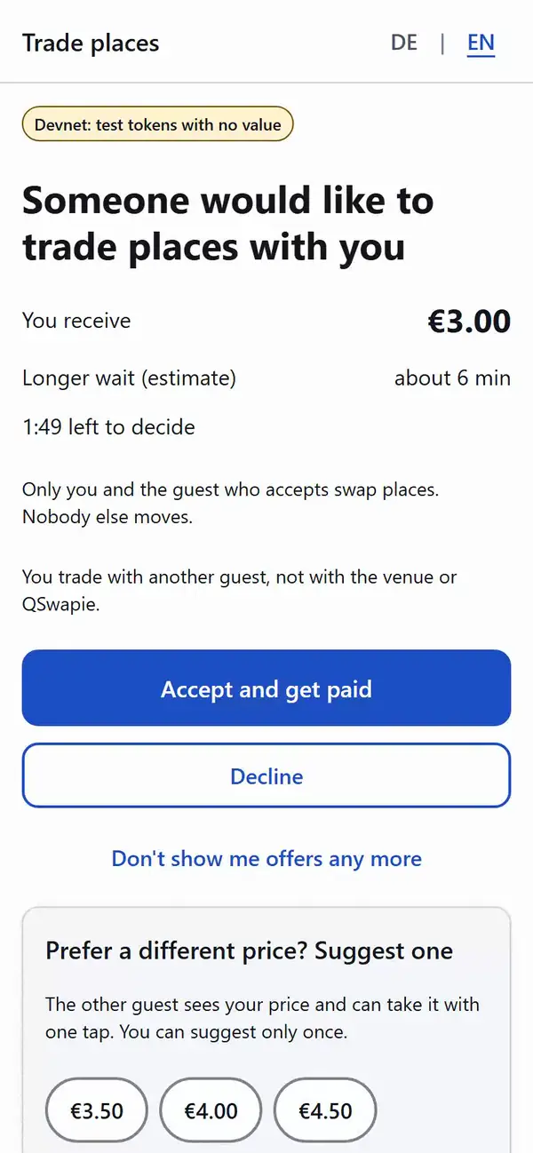 Video: a guest offers €3.00 for your place. You pick €4.00 and suggest that price, then wait for the answer.